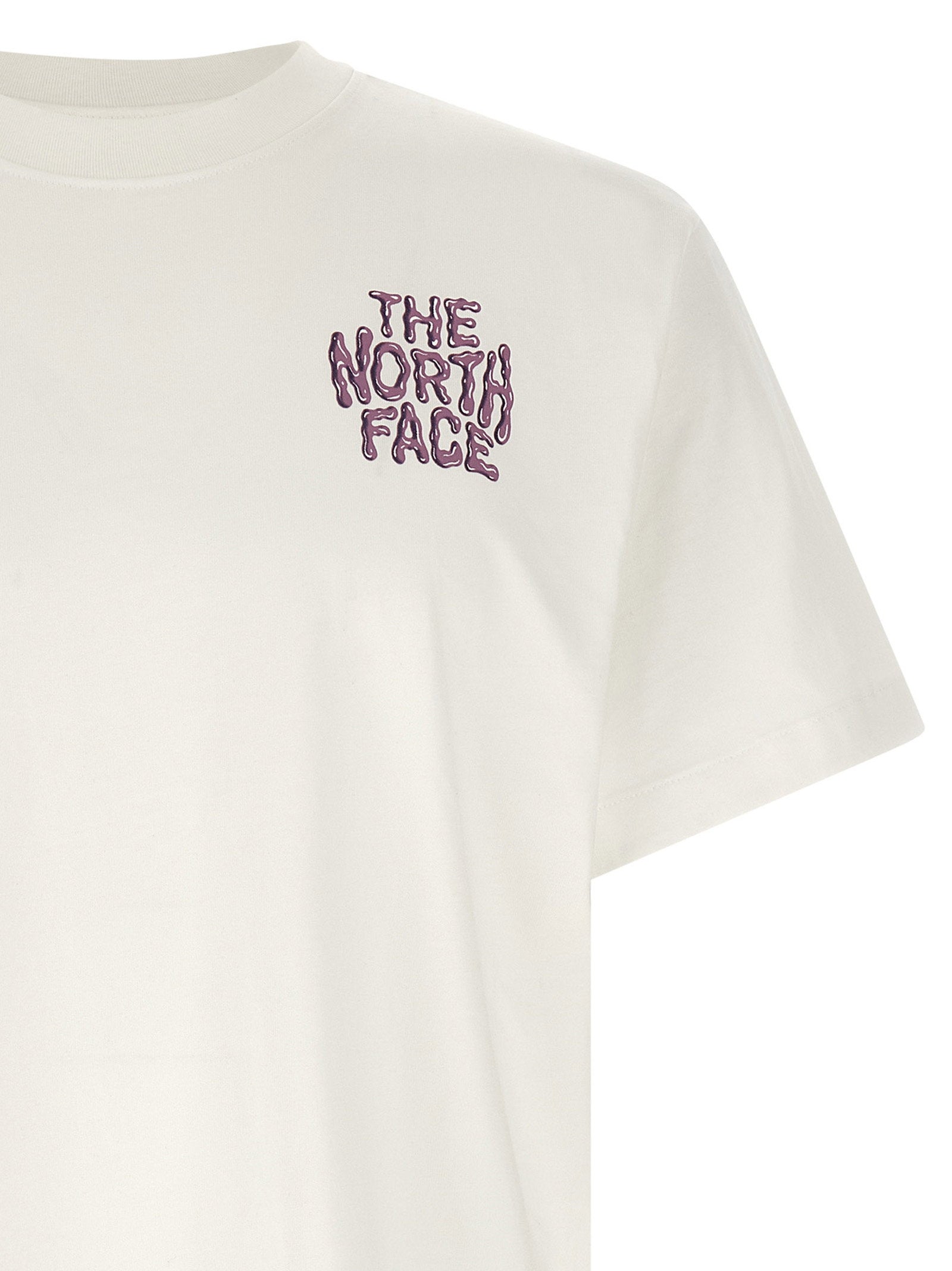 The North Face Drip Logo Relaxed T-shirt in wit, detail van het logo op de mouw