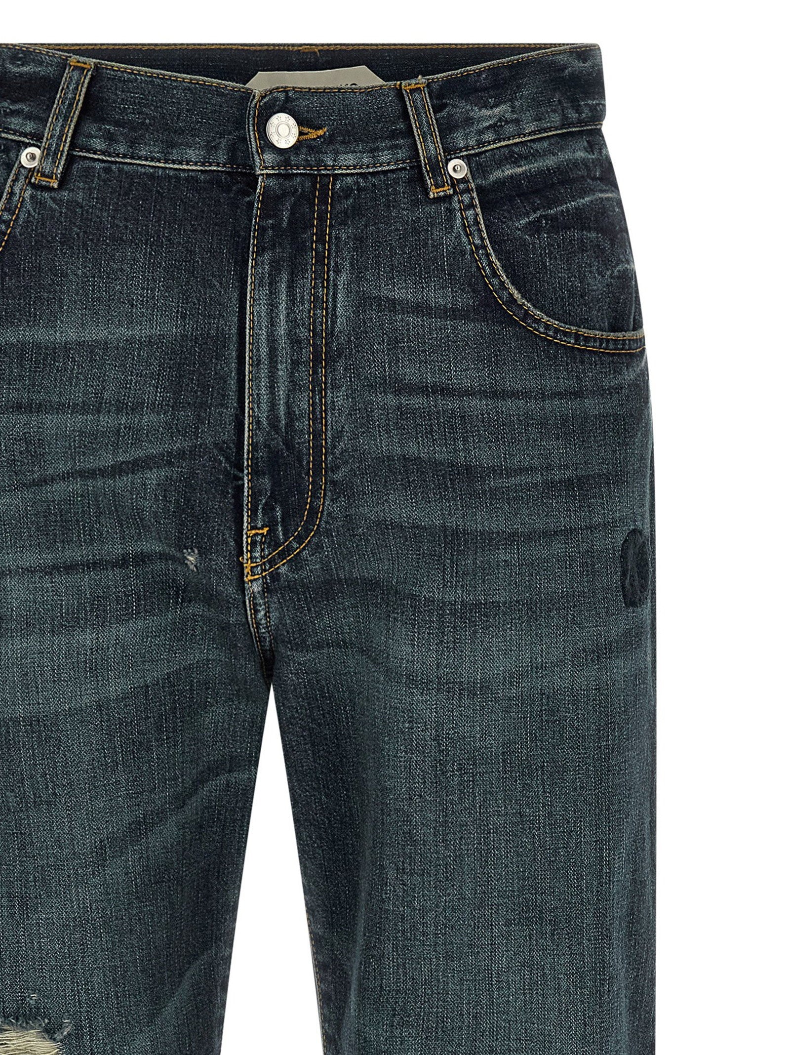 Namacheko Warkworth straight-leg jeans blauw, detail van de geborstelde stonewash textuur