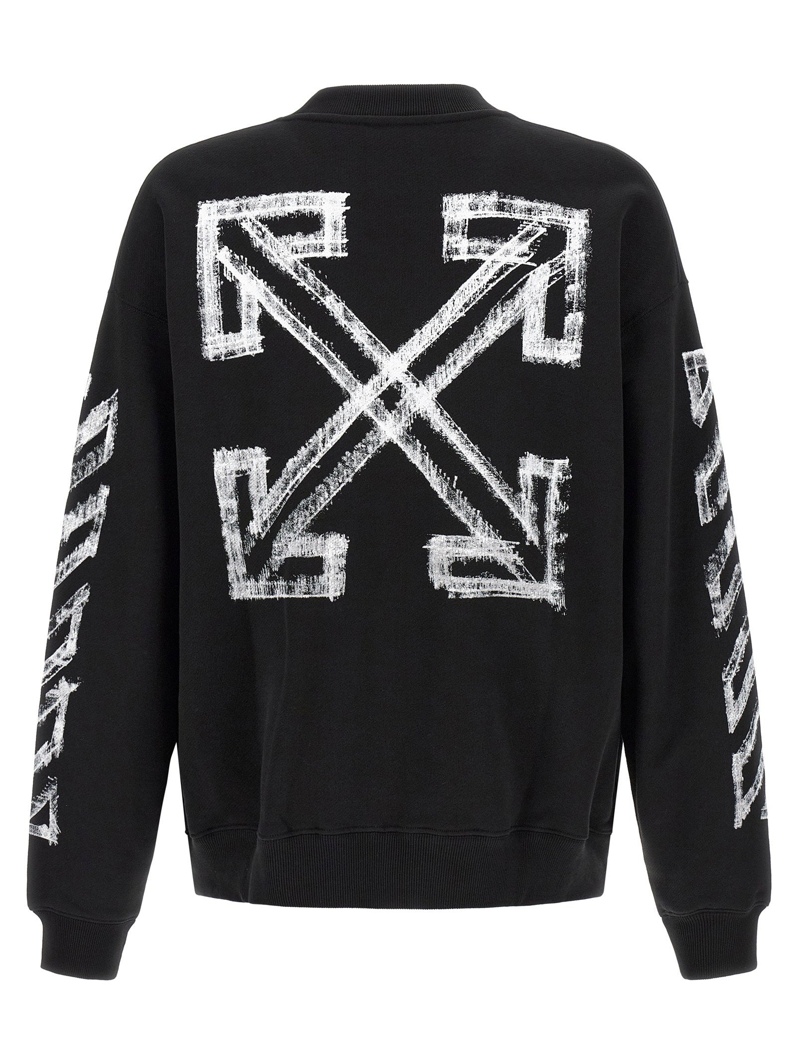 Off-White Motion Arrow Skate sweatshirt in zwart, close-up van de brushstroke Arrows-print op de rug