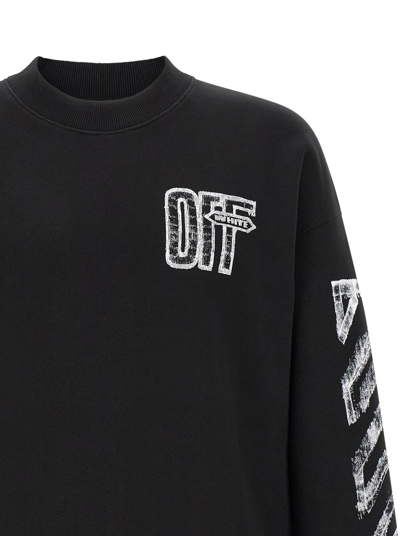 Off-White Motion Arrow Skate sweatshirt in zwart, detail van de geribde hals en boorden