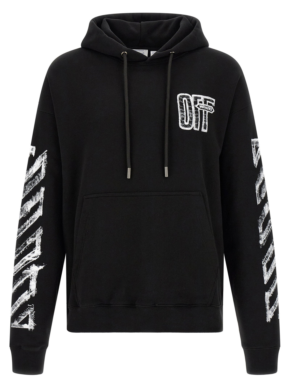 Zwarte Off-White hoodie vooraanzicht met OFF-logo en diagonalen op de mouwen
