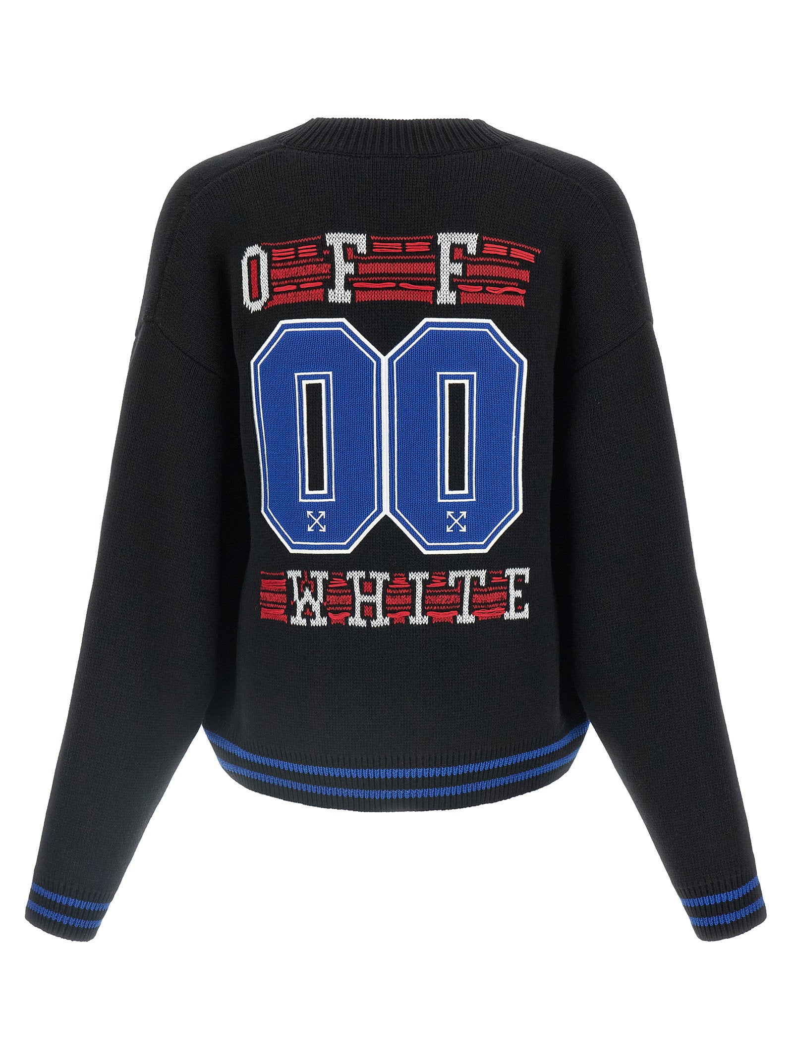 Achterkant van het vest met blauw 00 en de tekst Off White
