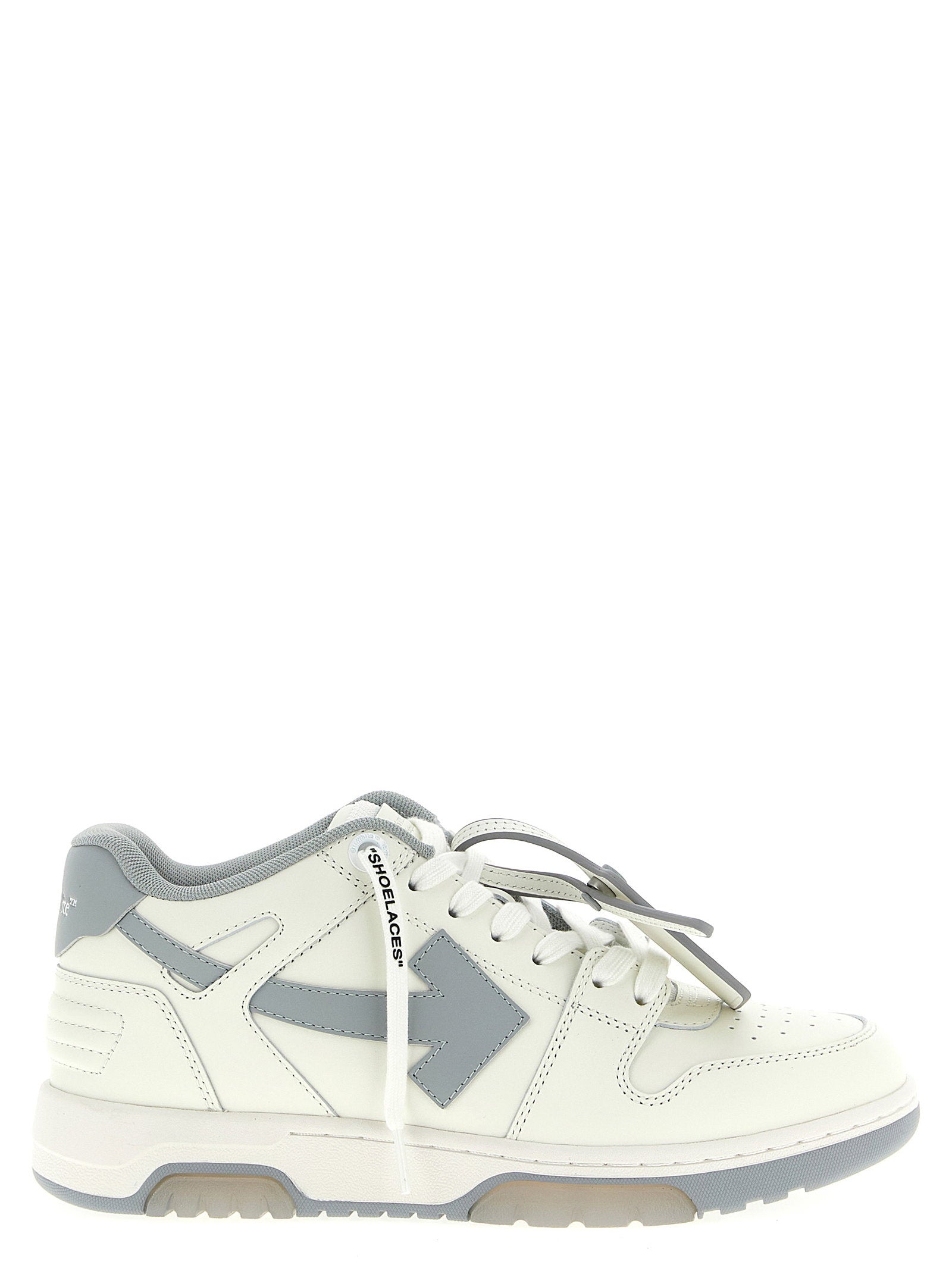 Off-White Out Of Office sneaker wit/grijs, zijaanzicht met pijlmotief