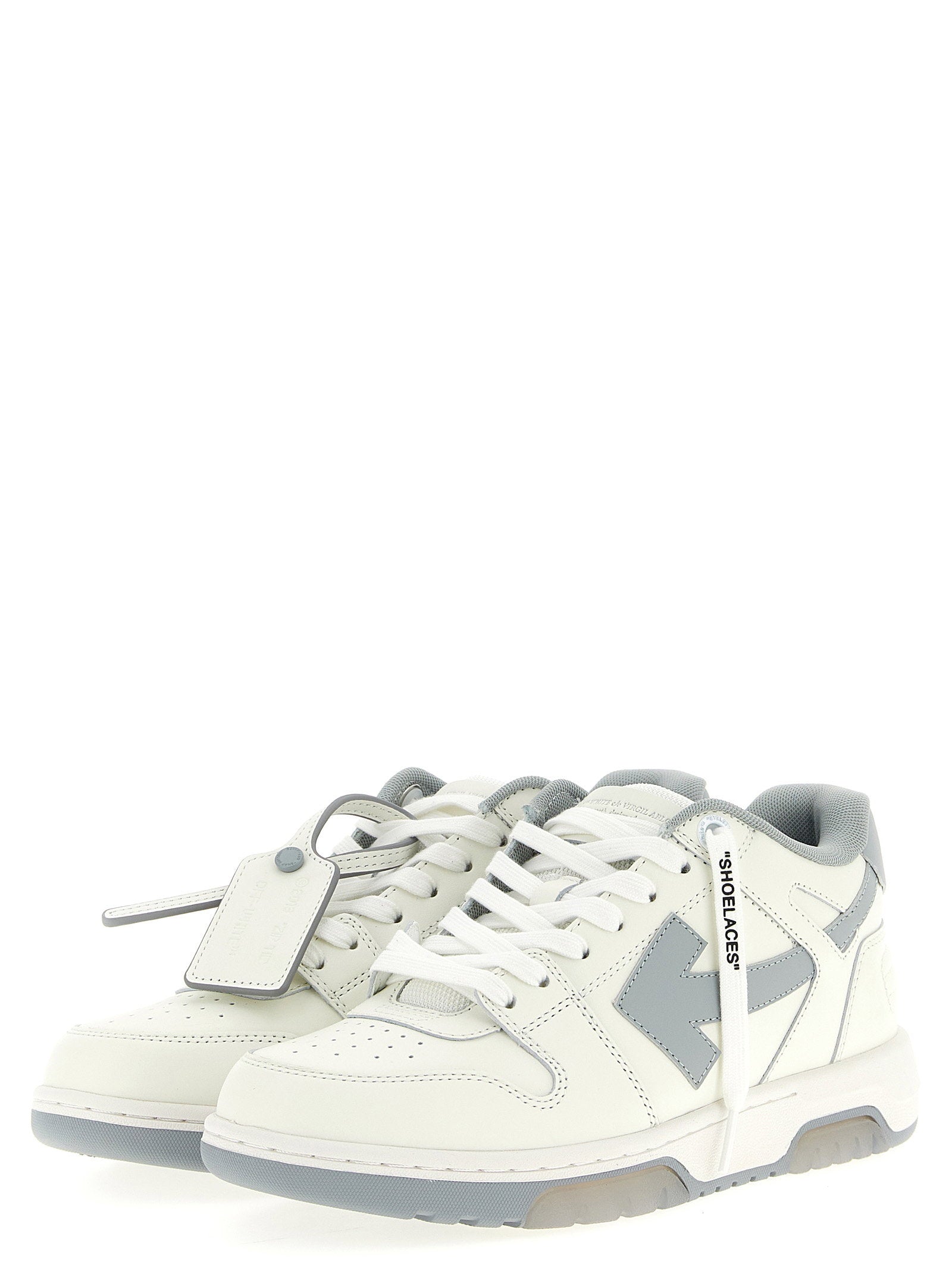Off-White Out Of Office sneaker wit/grijs, vooraanzicht met veters en logo tag