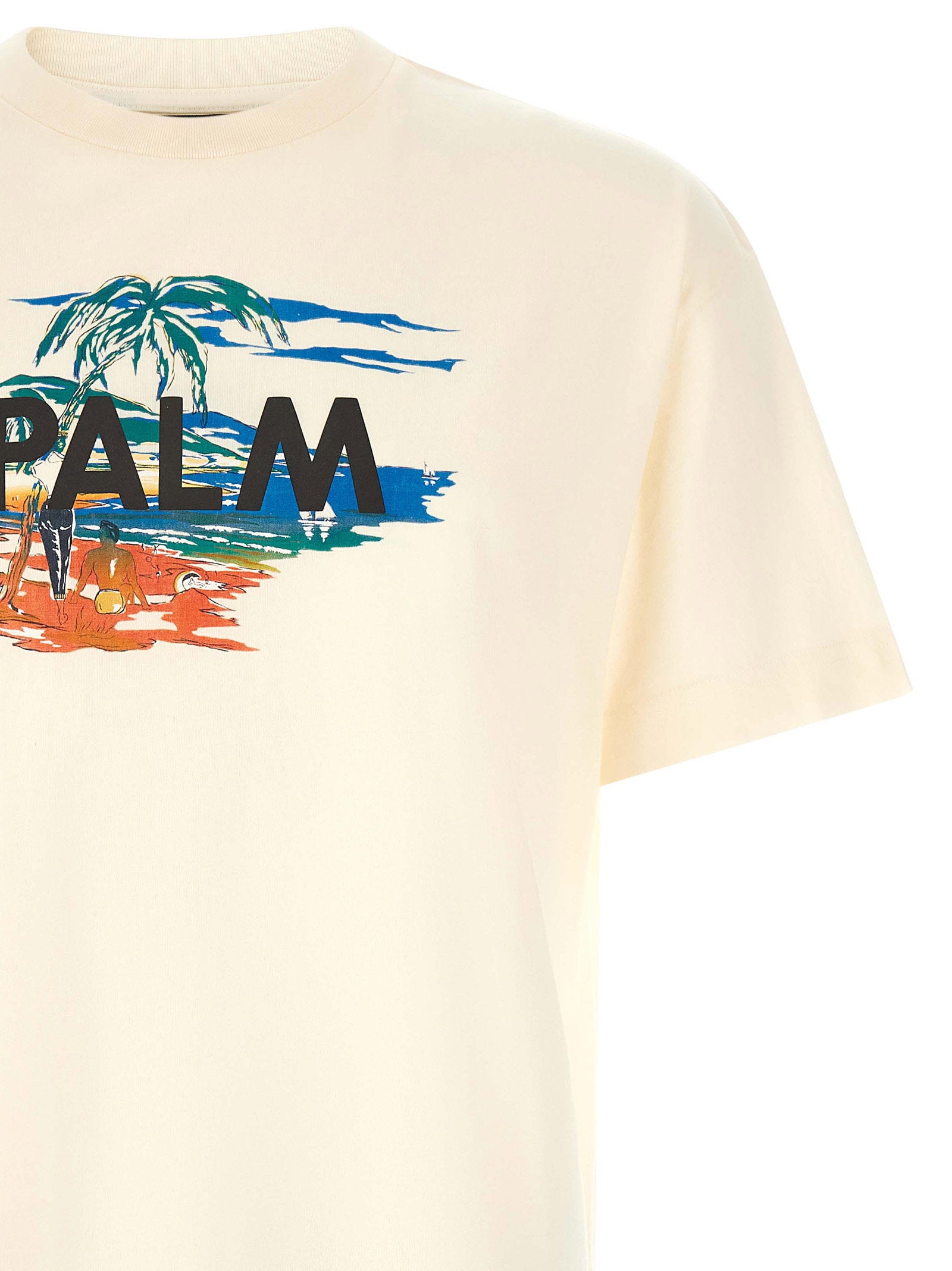 Palm Angels T-shirt crème met kustlandschap-print - detail logolabel
