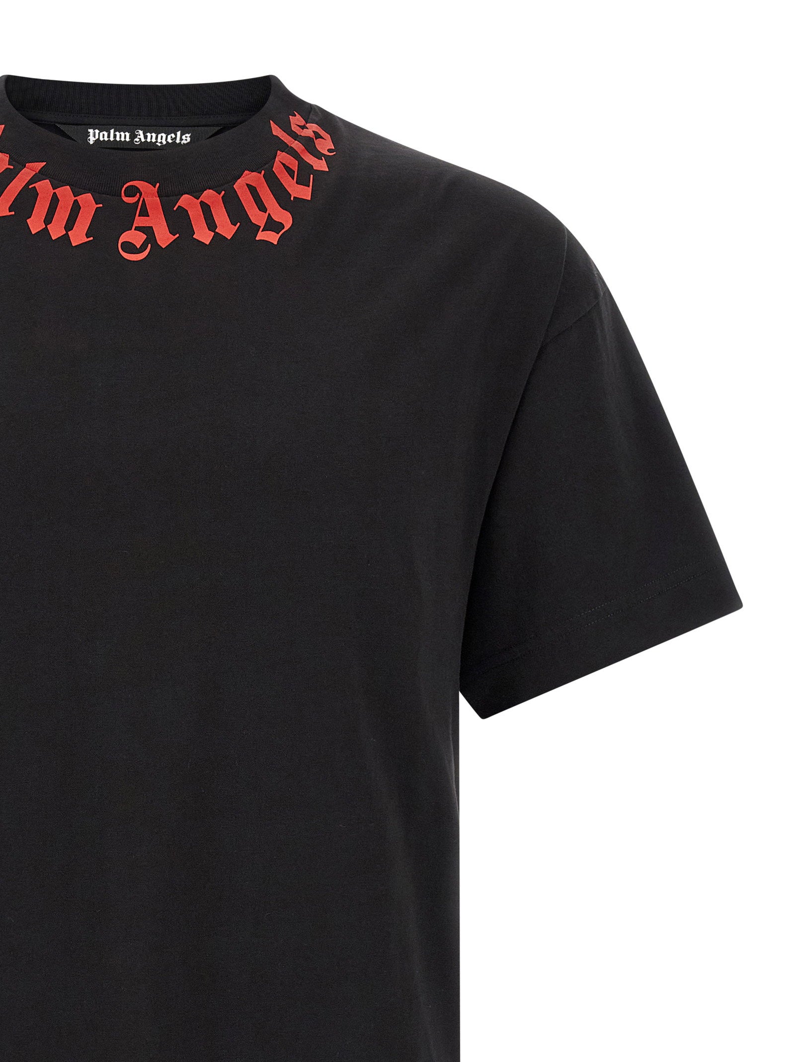 Palm Angels Neck Logo T-shirt, close-up van de logo-opdruk op de borst