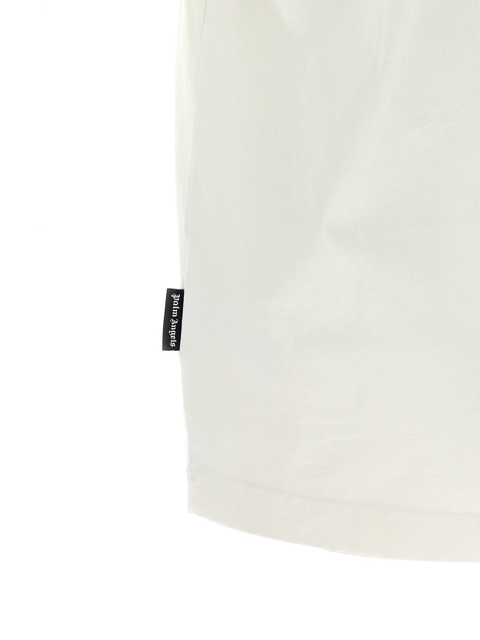 Palm Angels Thai Logo T-shirt wit, close-up van de verlaagde schouder en mouw