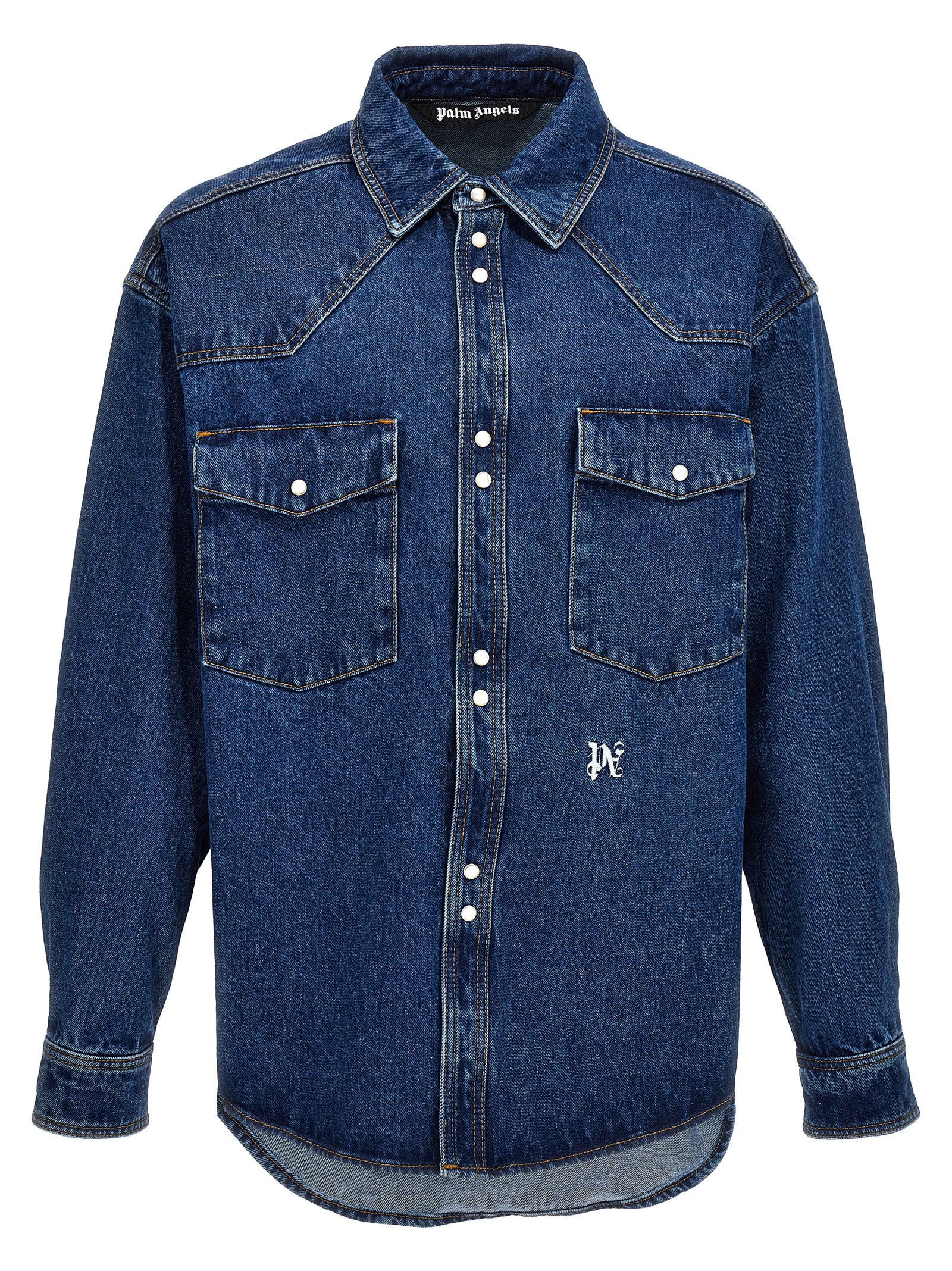 Palm Angels PA Monogram Denim Overhemd Blauw Overhemden Palm Angels
