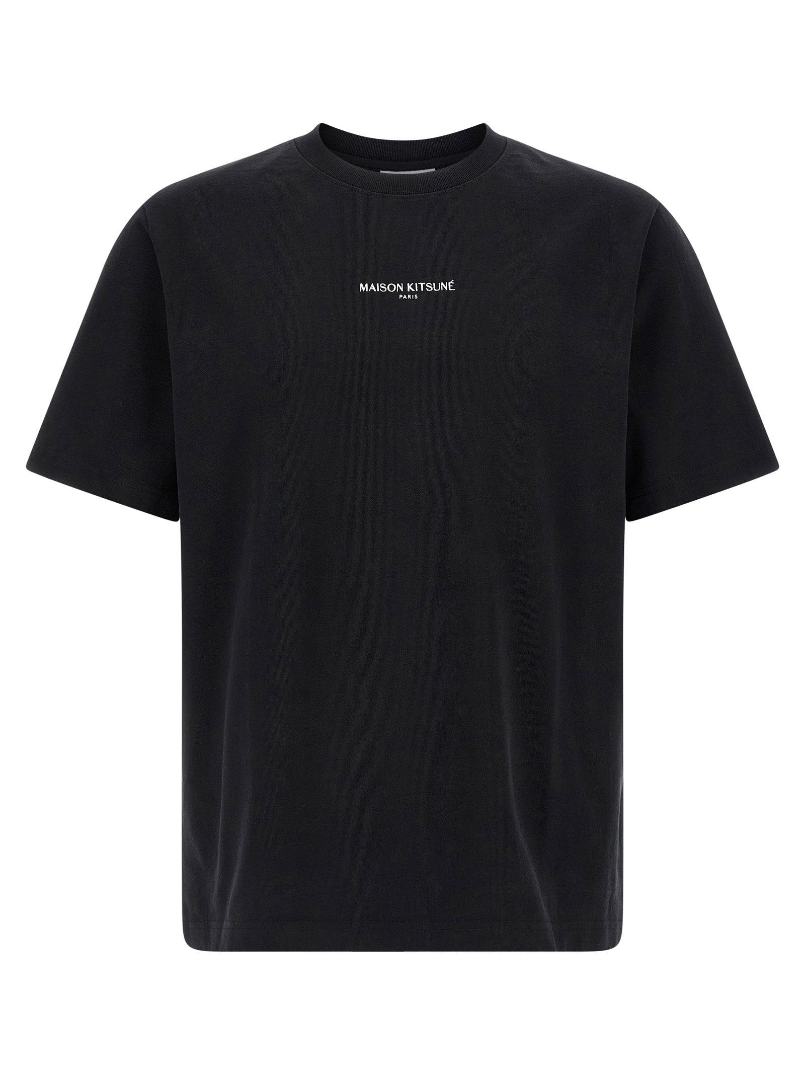 Maison Kitsuné Paris Comfort T-shirt in zwart, vooraanzicht met geborduurde tekst