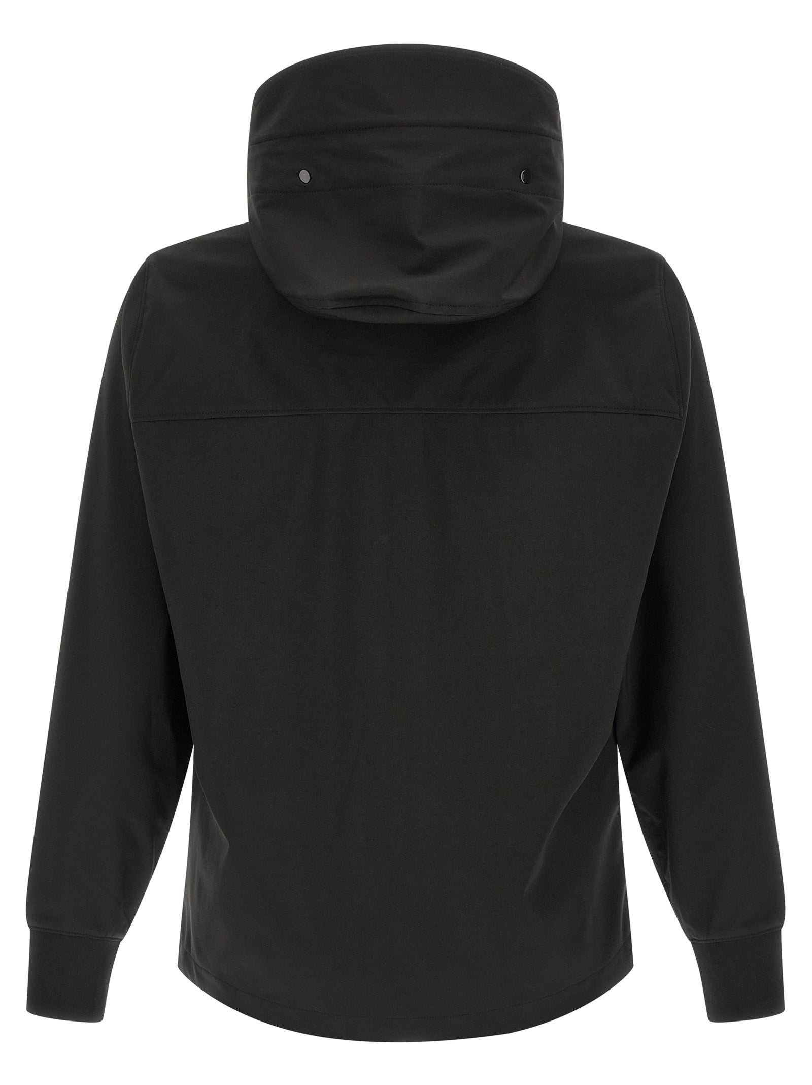 Achterzijde van het zwarte Goggle Jacket met opstaande capuchon