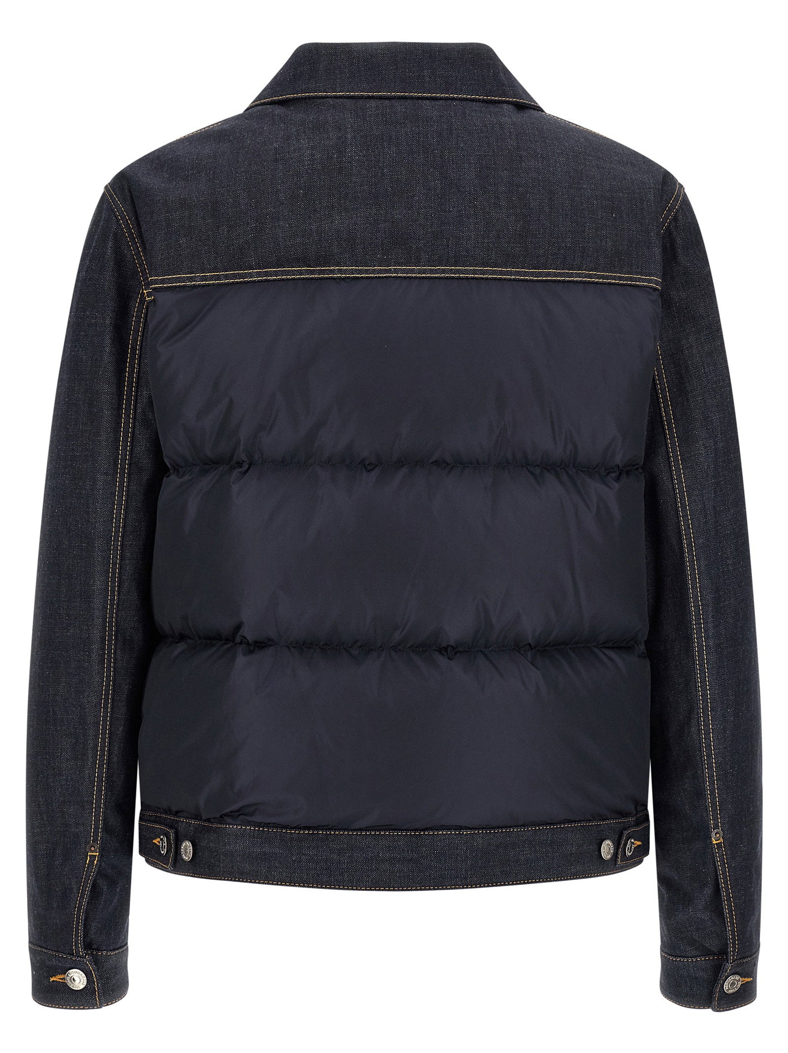 Dsquared2 Hybrid Puffer Jean Jacket, close-up van het rode label met logo op de sluiting