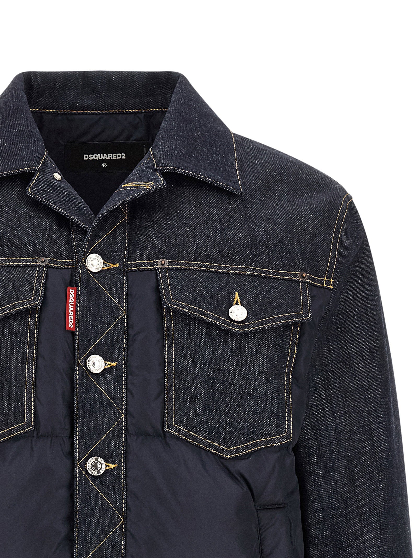 Dsquared2 Hybrid Puffer Jean Jacket, detail van de gequilte technische panelen