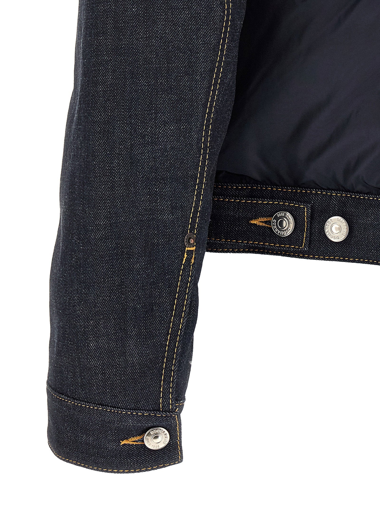 Dsquared2 Hybrid Puffer Jean Jacket in donkerblauw, achteraanzicht op model