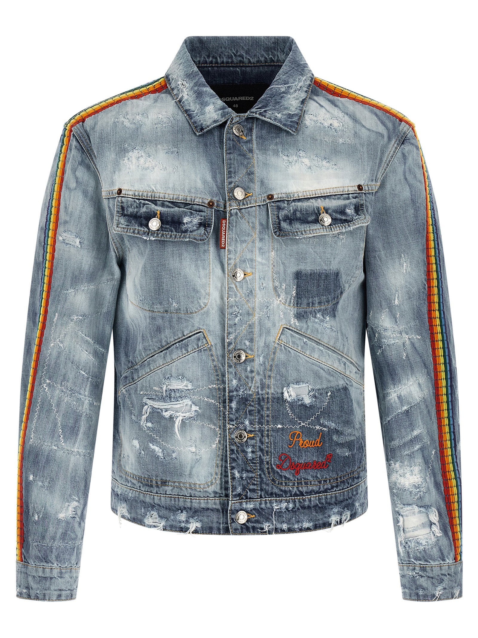Dsquared2 Destroyed Denim Jacket met Mouwborduring Blauw Spijkerjassen Dsquared2
