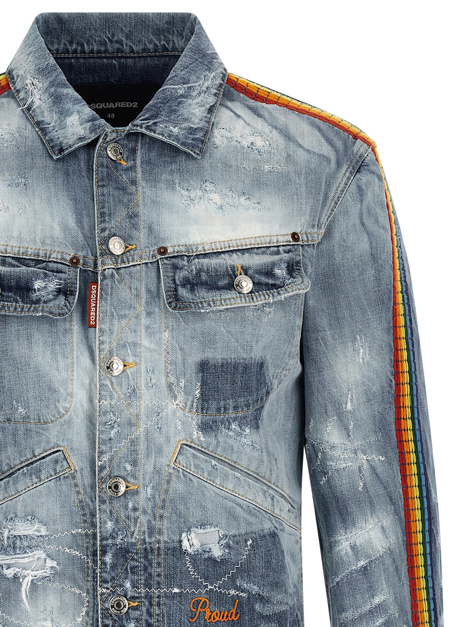 Dsquared2 destroyed denim jacket blauw, detail van het destroyed effect