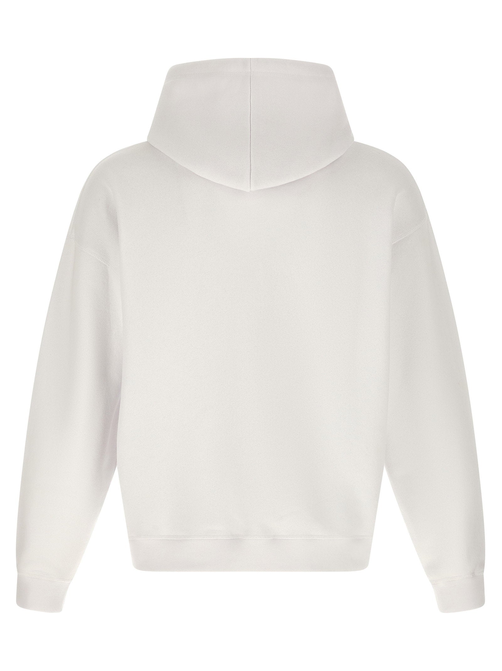Detail van de logopatch op de witte Dsquared2 hoodie