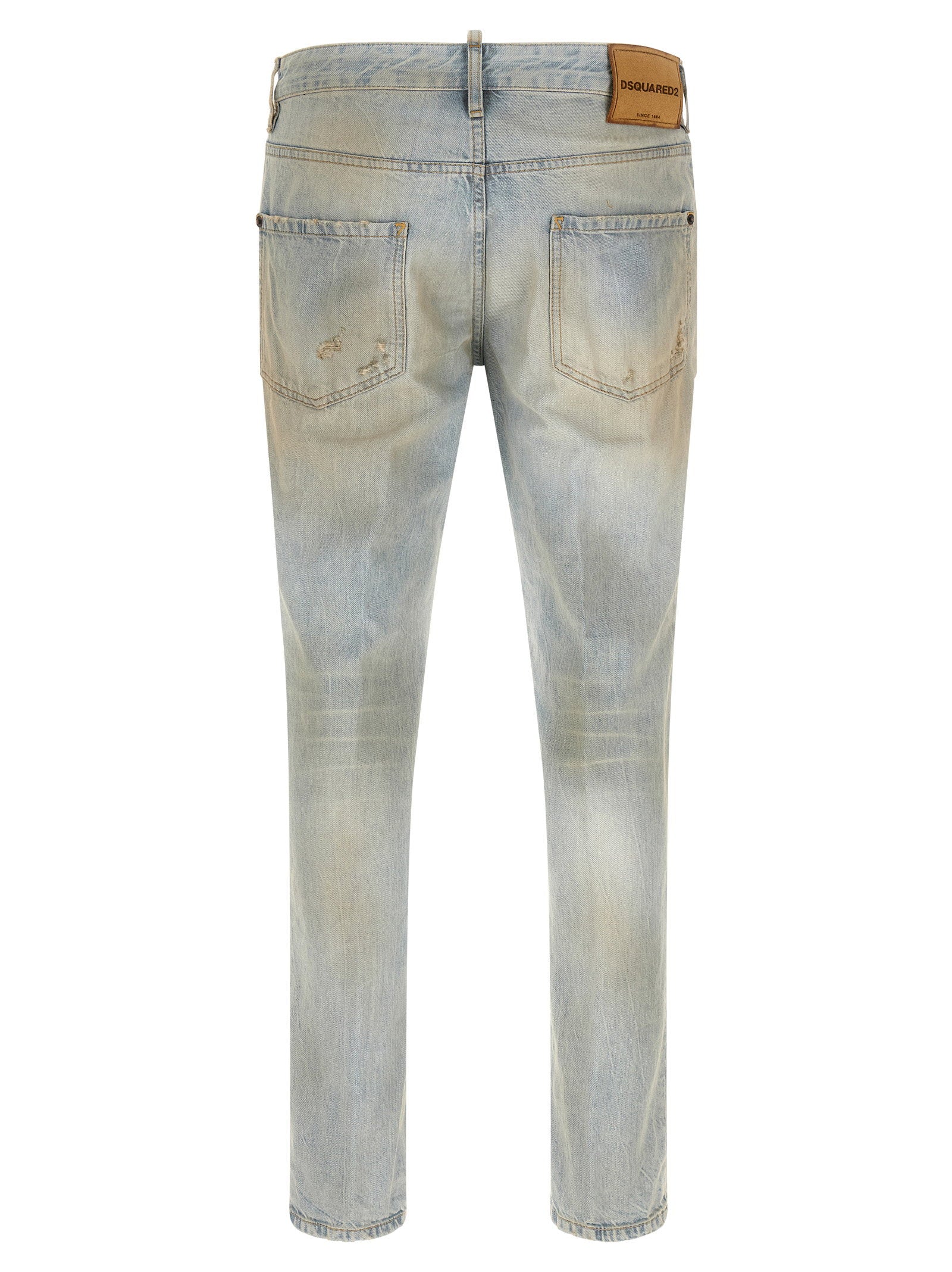 Dsquared2 Teddy jeans in lichtblauw, achteraanzicht met leren logo-label