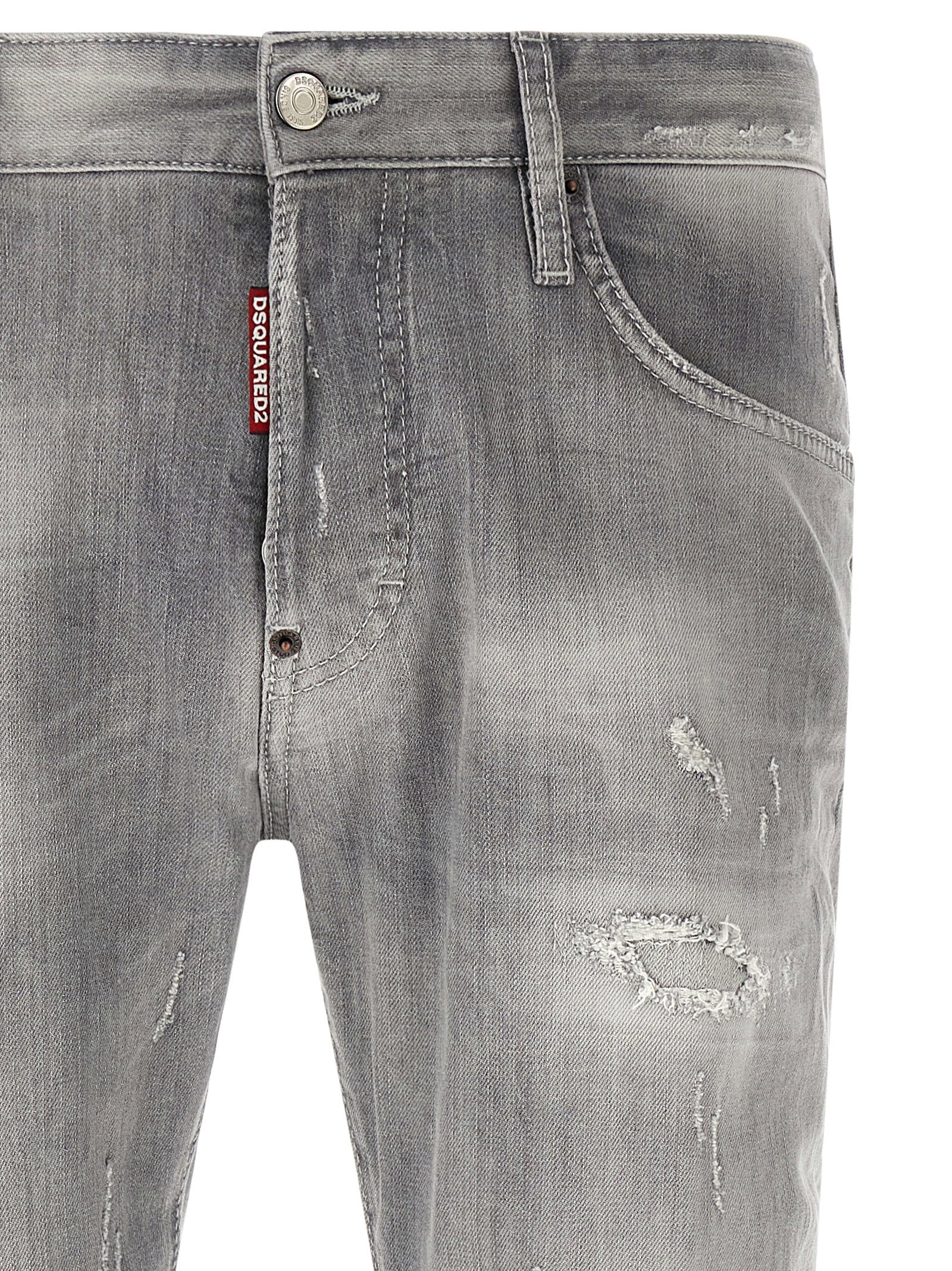 Dsquared2 slim tapered jeans grijs - achteraanzicht met olijfgroen leren label