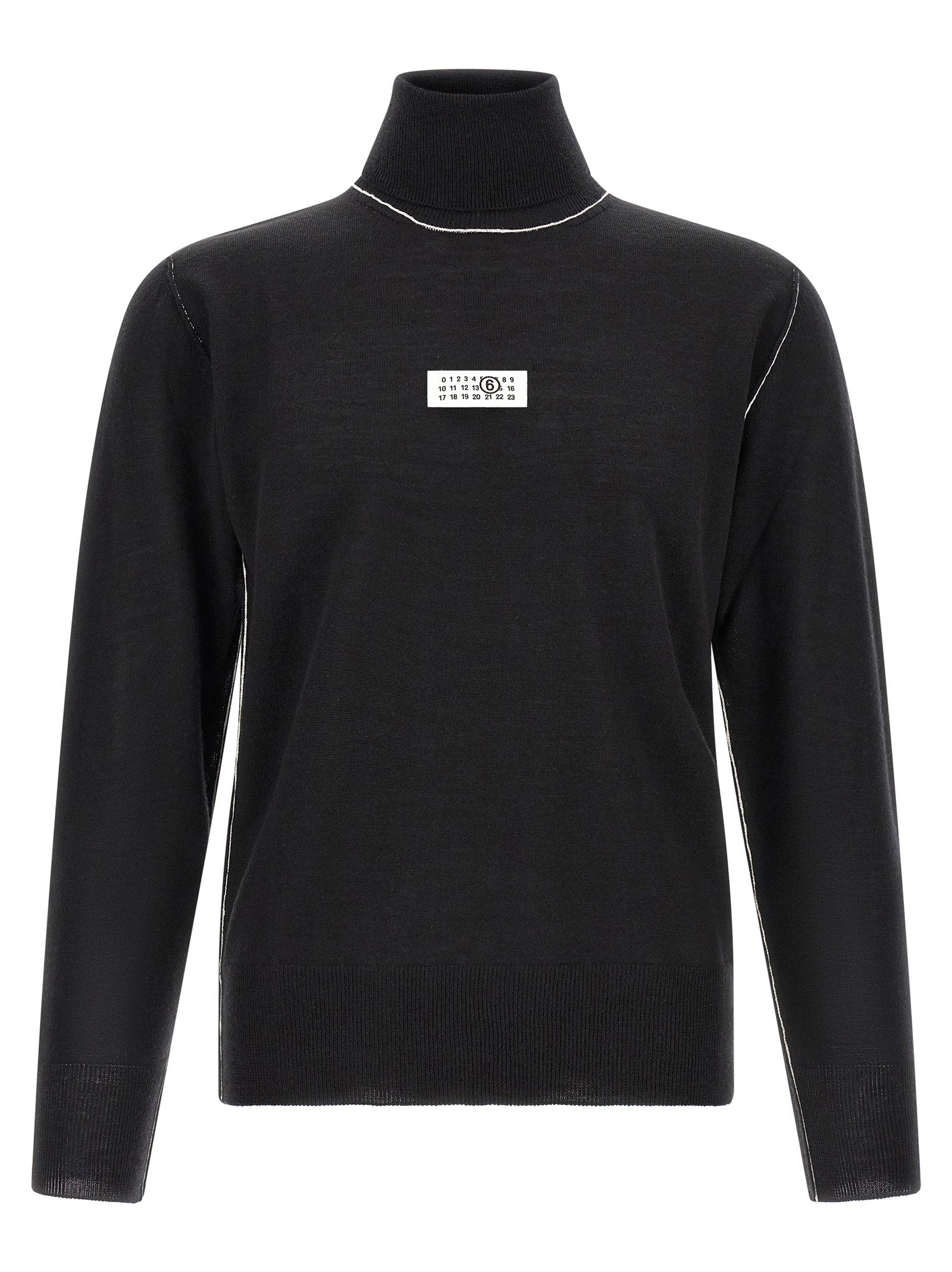 MM6 Maison Margiela wollen coltrui in zwart, vooraanzicht met numeriek logo op de borst