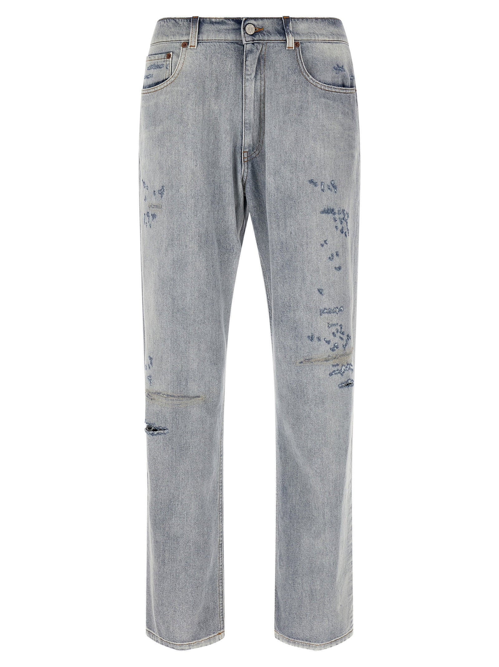 MM6 Maison Margiela White Stitch Jeans in lichtblauw denim, vooraanzicht