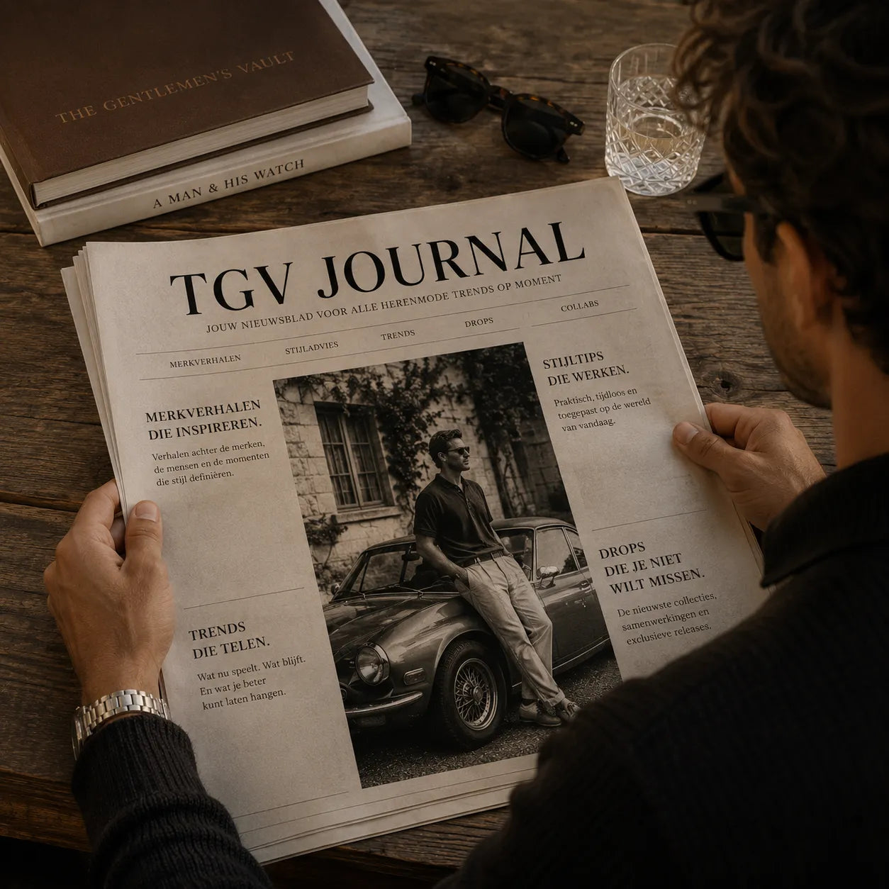 Man leest de TGV Journal krant met artikelen over herenmode, trends, stijladvies en exclusieve drops.