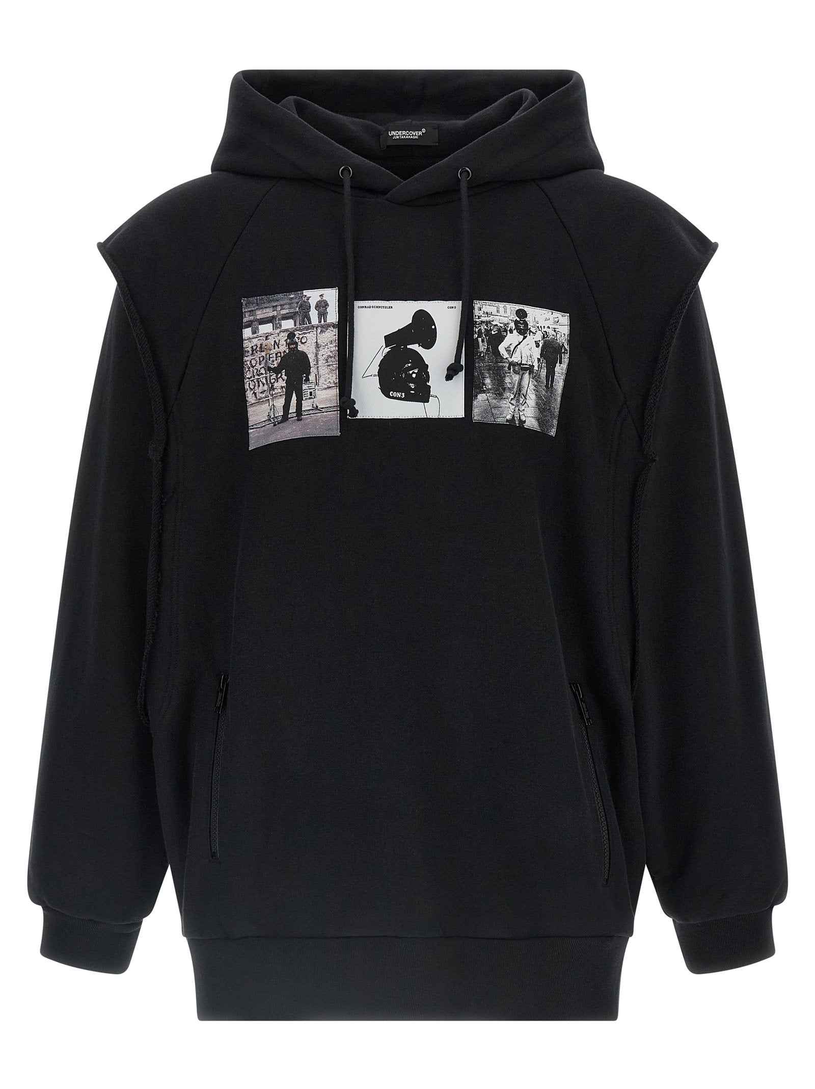 Undercover dubbellaags hoodie zwart, vooraanzicht met print