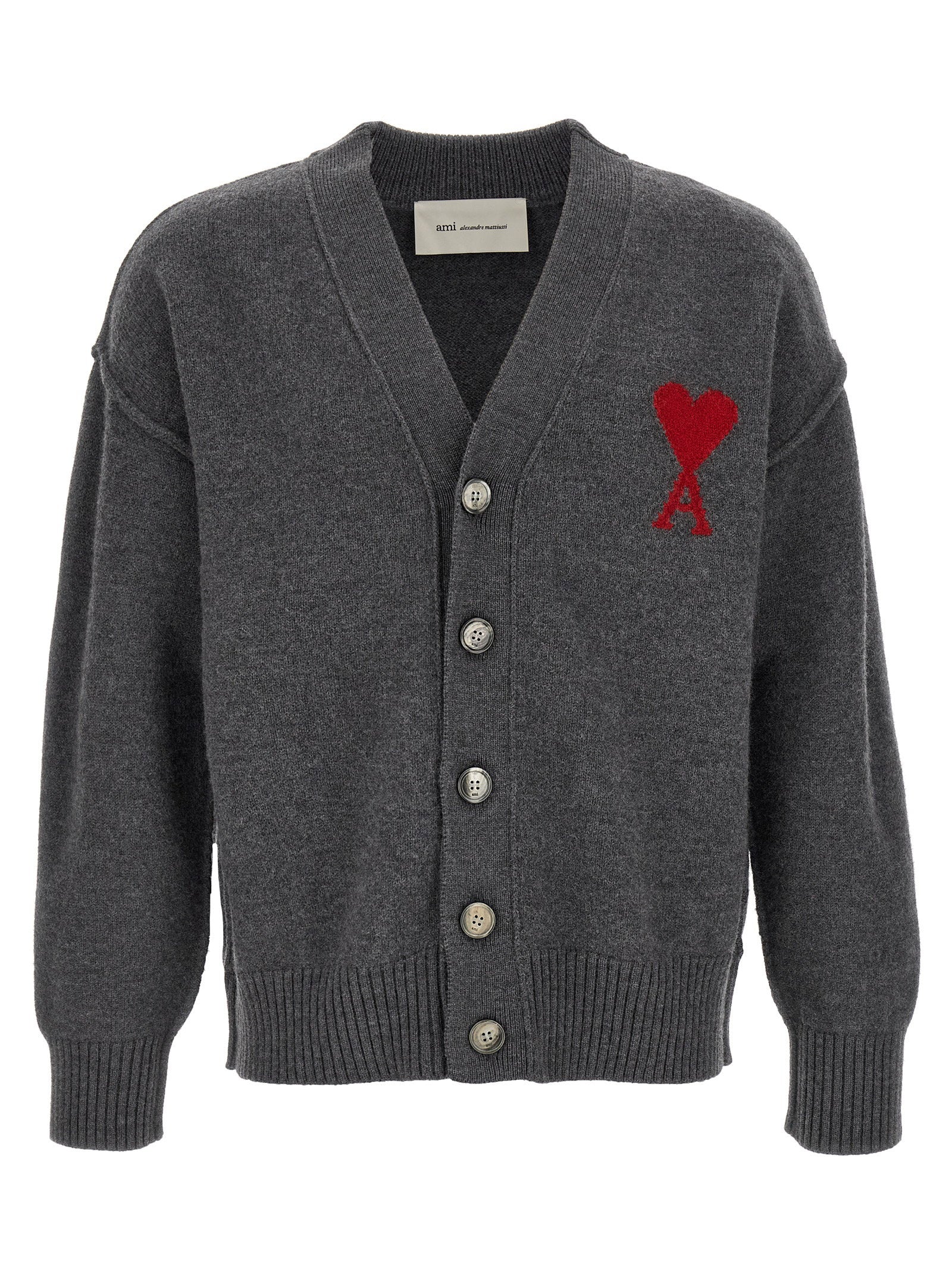 Ami Paris Ami de Coeur Vest Grijs - voorzijde met rood hart-intarsia
