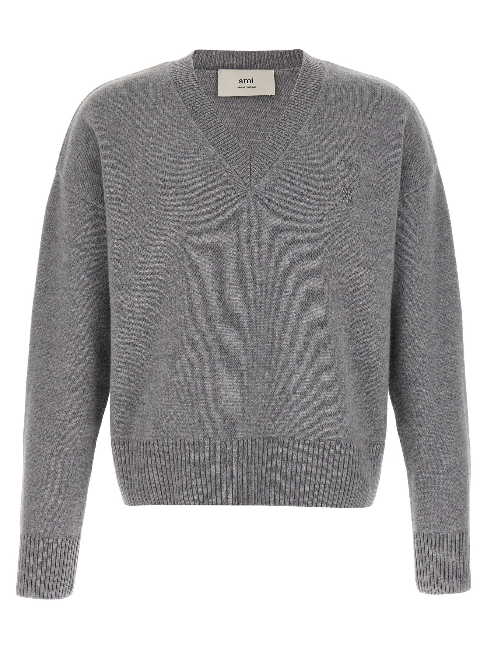 AMI Paris Ami de Coeur V-hals Trui Wol-Kasjmier Grijs Topwear Ami Paris