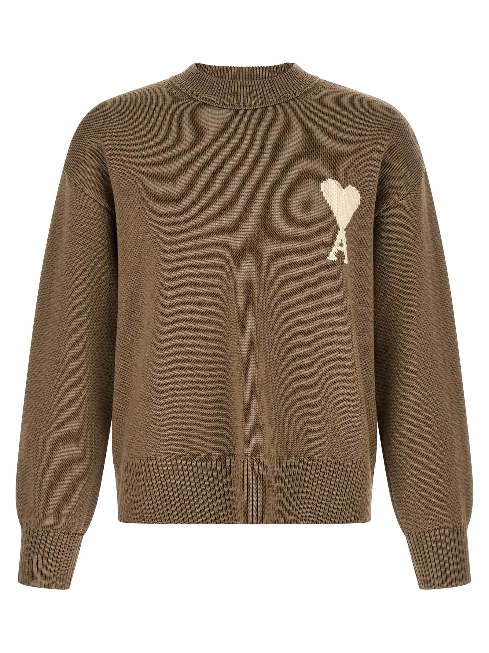 AMI Paris Ami de Cœur Wollen Trui Taupe Beige Knitwear Ami Paris