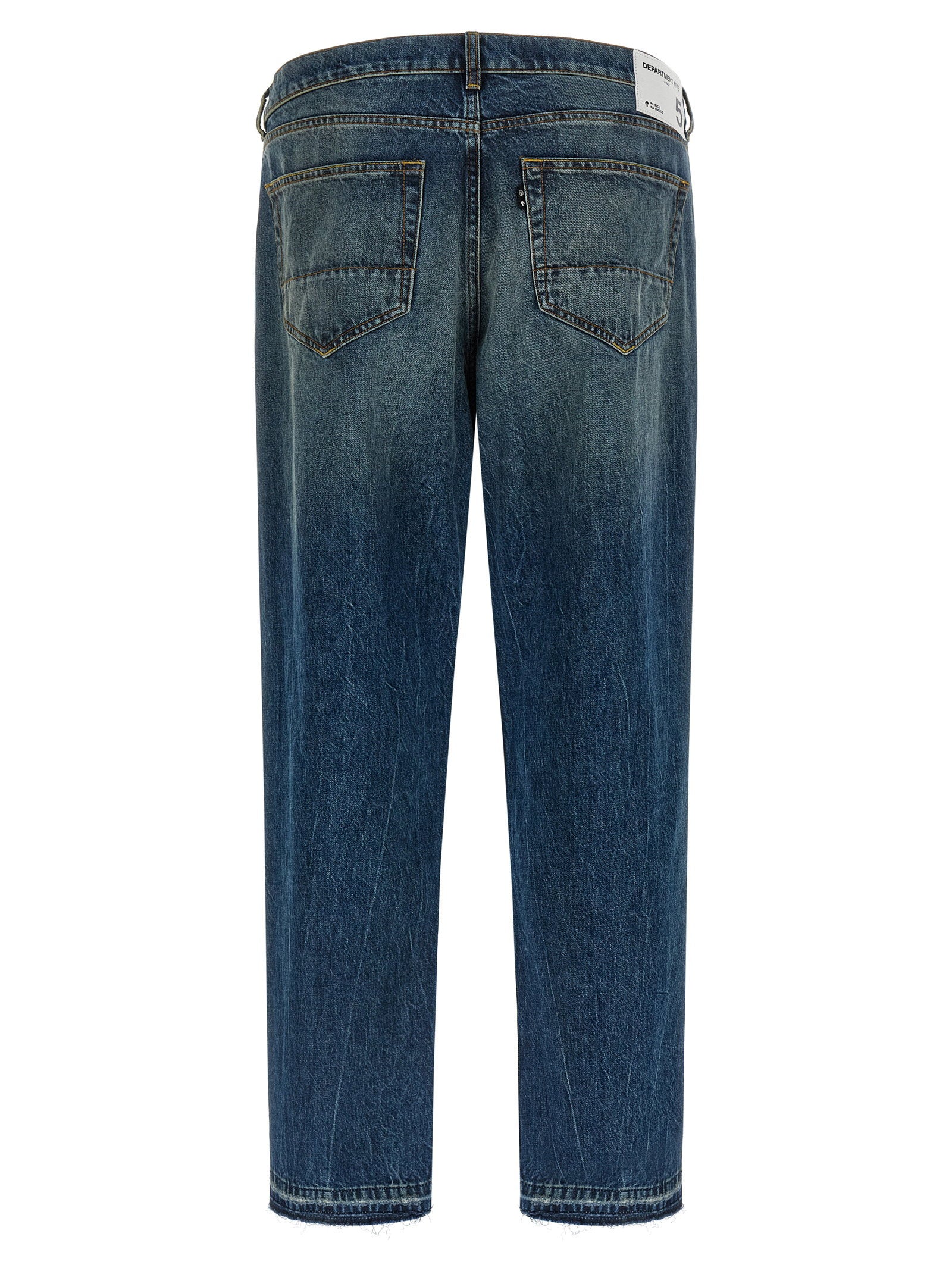 Department 5 Musso jeans, close-up van de five-pocket achterzijde met logo patch