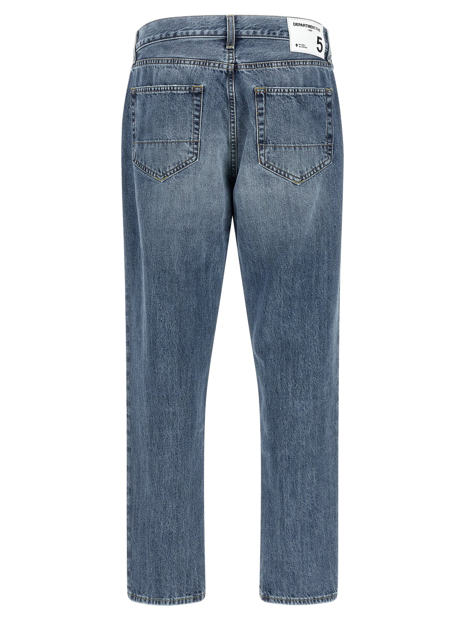 Department 5 Musso jeans in blauw, close-up van de vintage wassing en het vijfzaksmodel