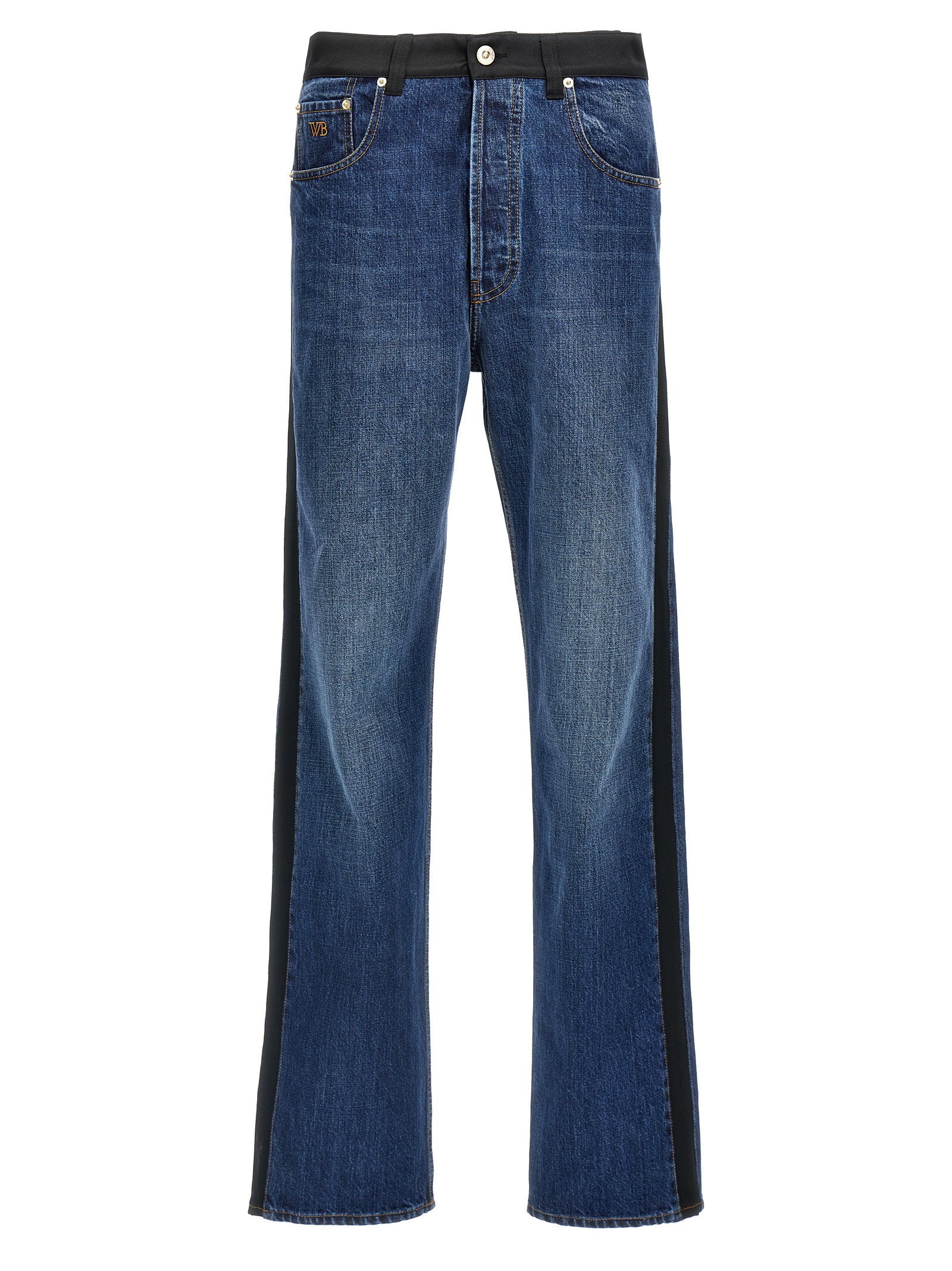 Wales Bonner Echo Denim blauwe jeans, vooraanzicht met satijnen paneeldetail