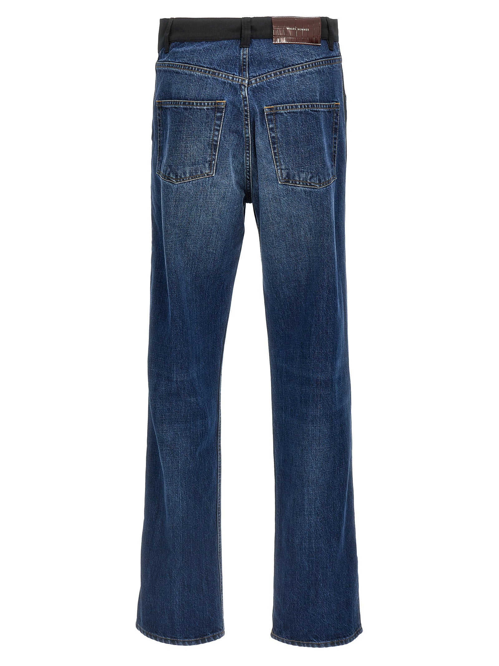 Wales Bonner Echo Denim blauwe jeans, detail van het geborduurde logo