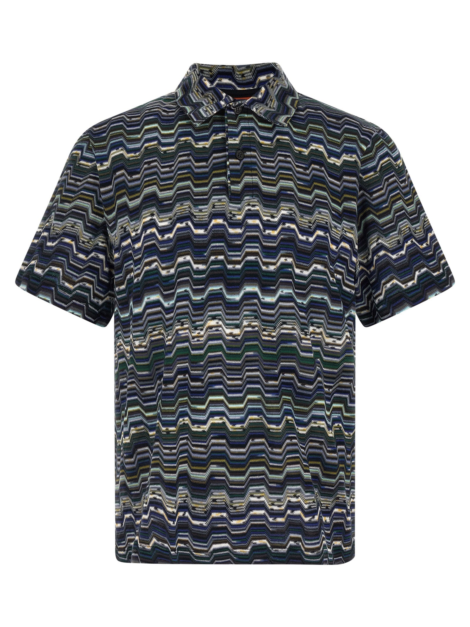 Missoni Zigzag Jacquard Knit Polo Shirt Navy