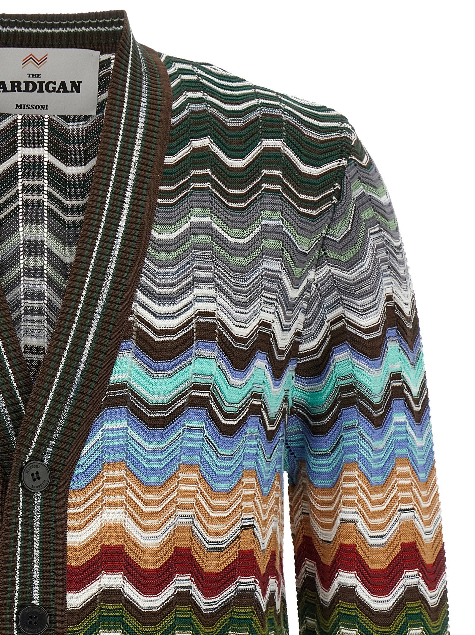 Missoni chevron vest met Grieks motief in multicolor, close-up van de gestreepte boord aan de zoom