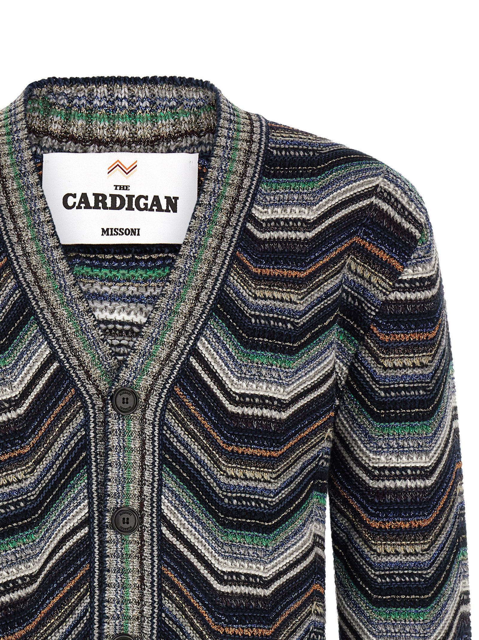 Missoni multicolor zigzag cardigan, close-up van de V-hals