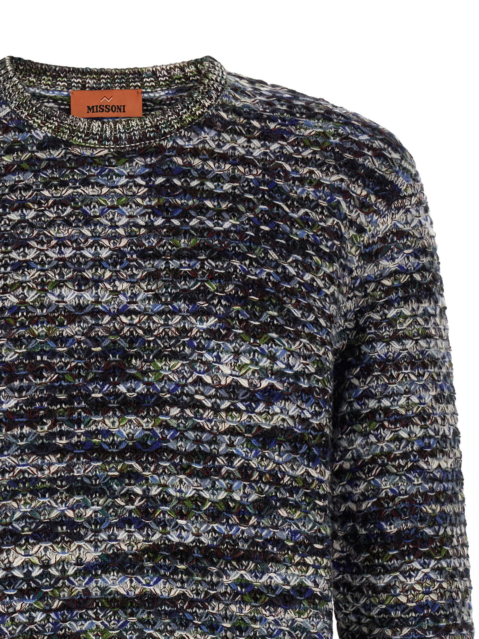 Missoni multicolor trui, close-up van de geribde mouwboord
