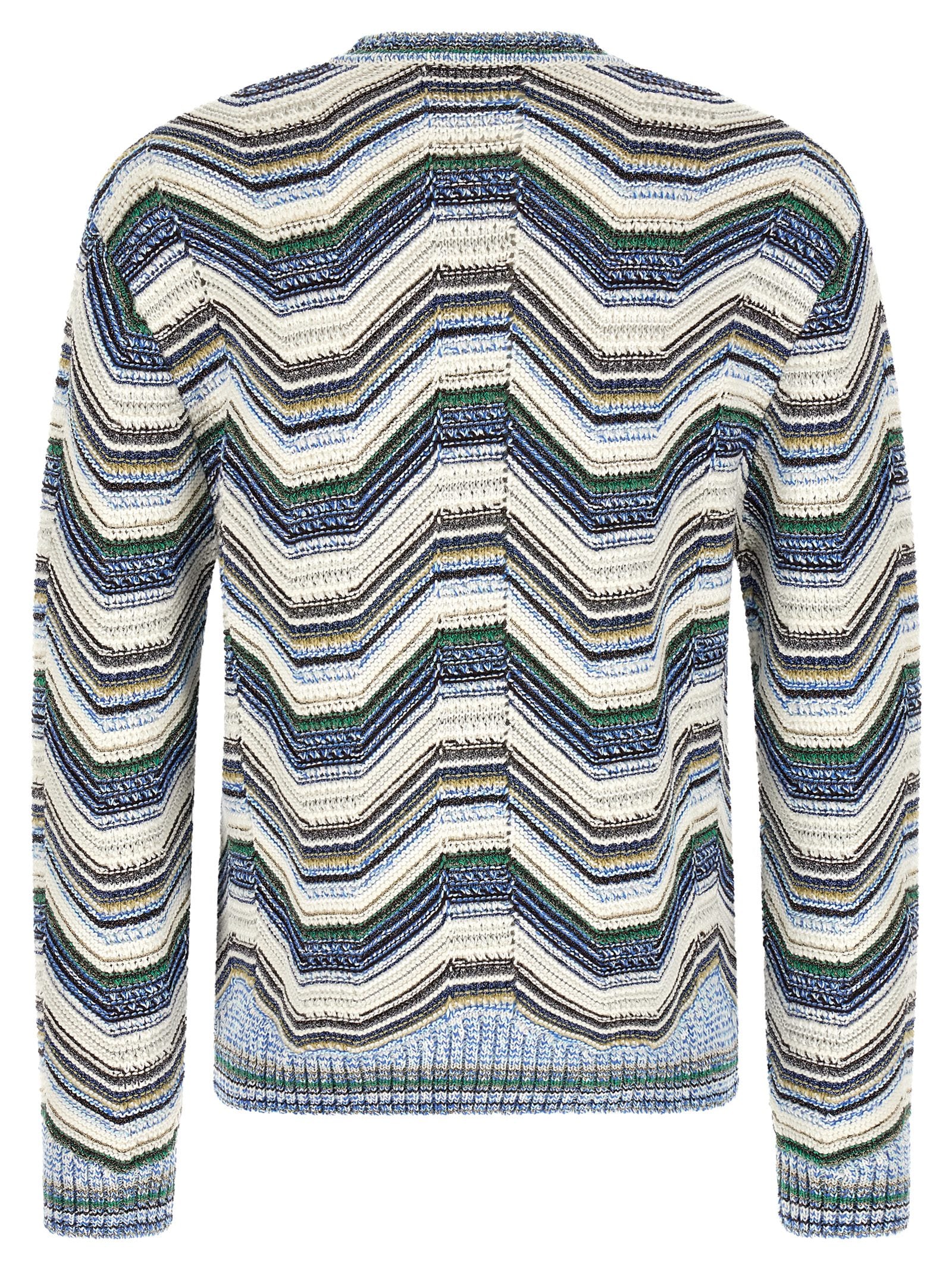 Missoni multicolor zigzagtrui, detail van het patroon met metaaldraad