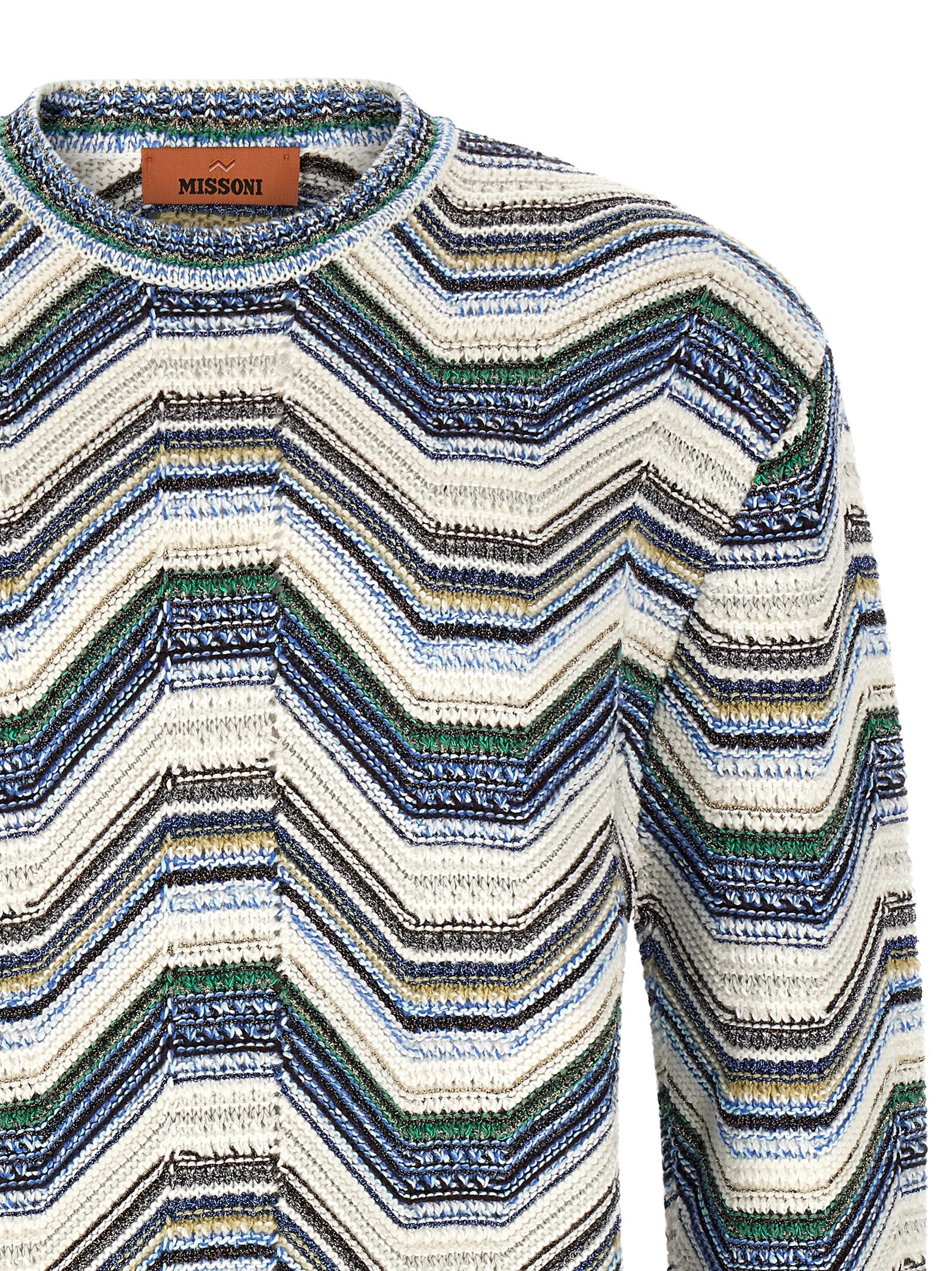 Missoni multicolor zigzagtrui, close-up van de geribde mouwboord