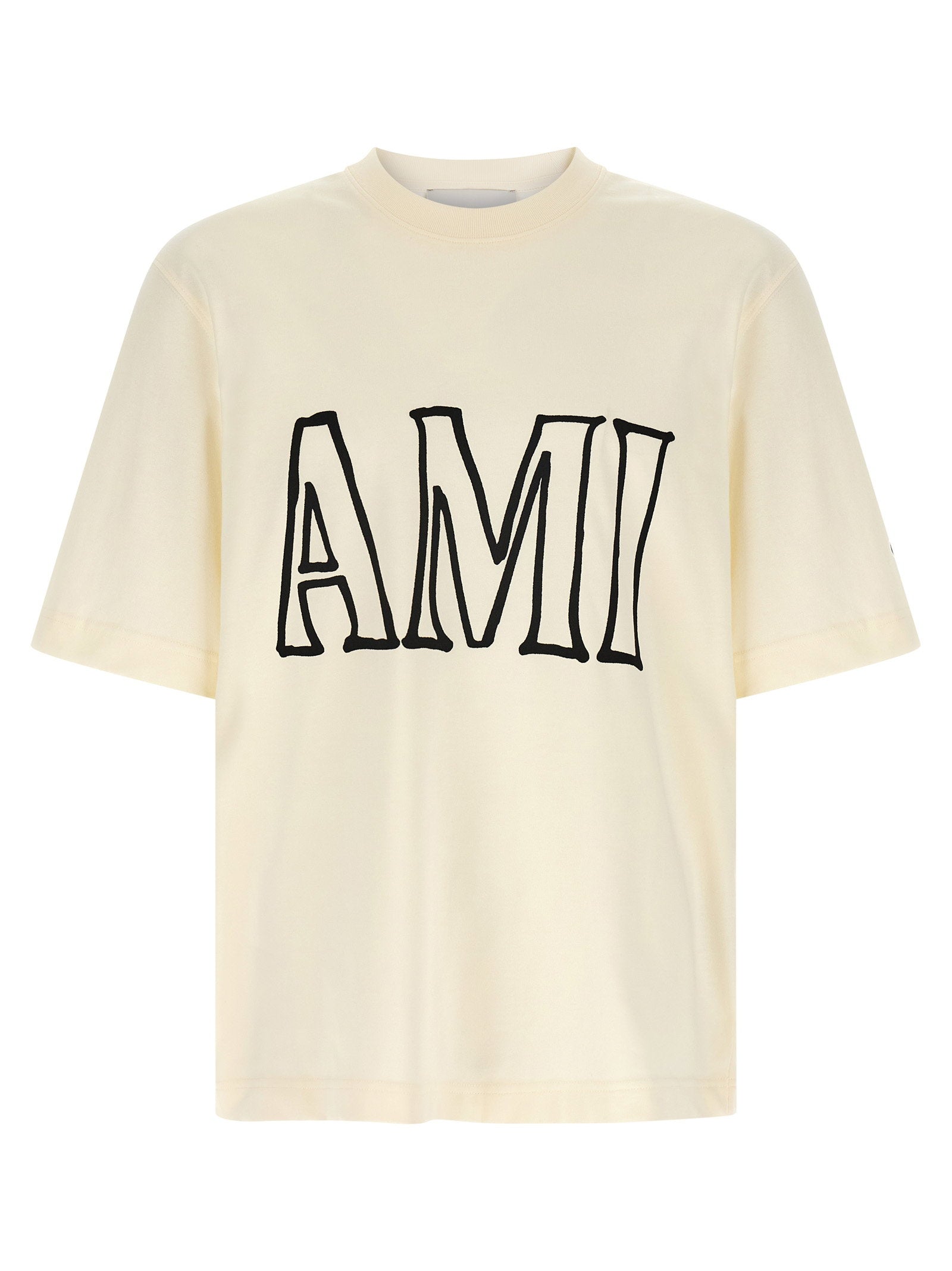 Ami Paris Zware Katoen Print T-shirt Gebroken Wit Topwear Ami Paris