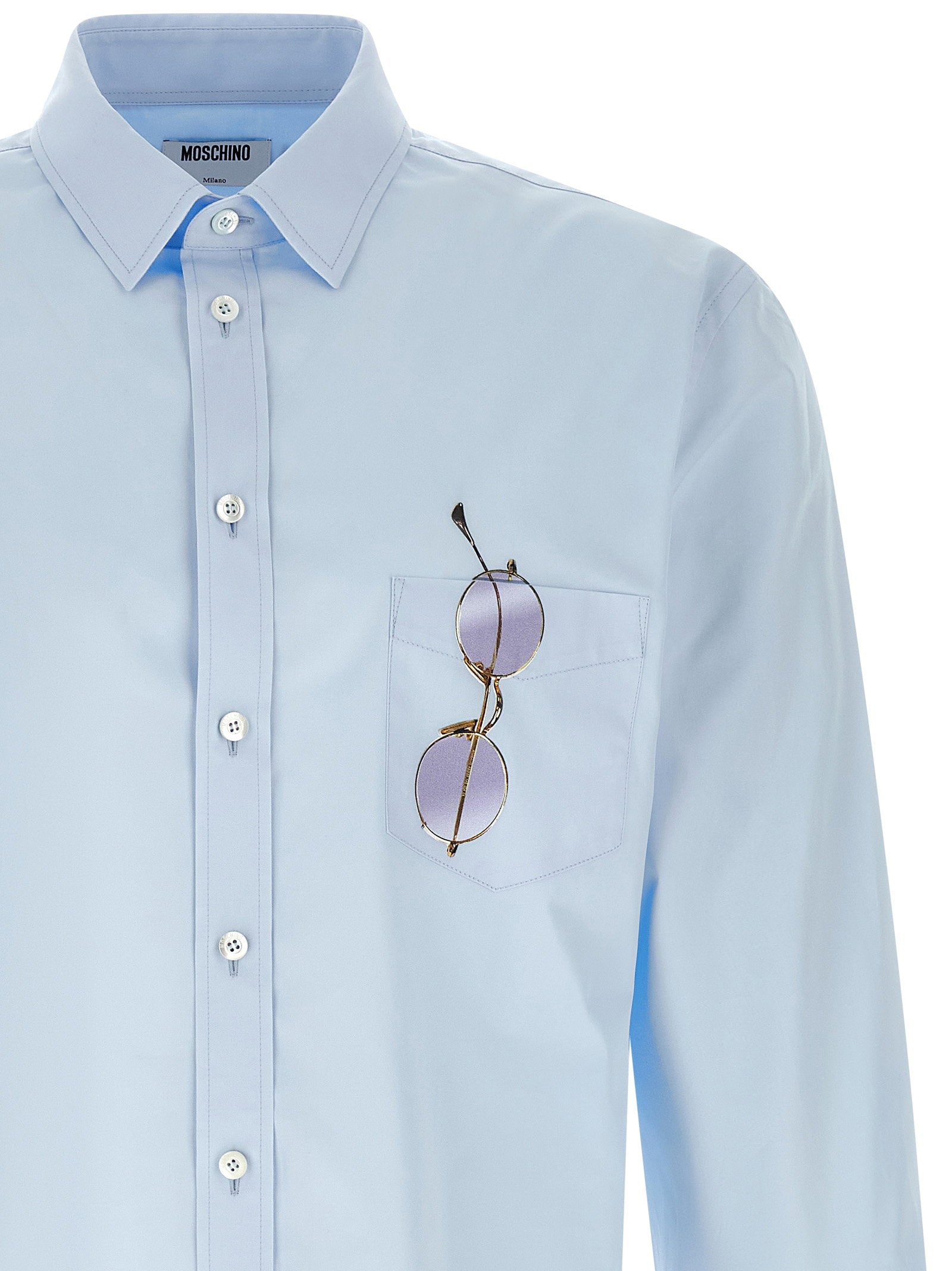 Moschino Trompe-l'Oeil Zonnebril Print Overhemd Lichtblauw Shirts Moschino