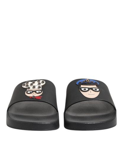 Dolce & Gabbana Black Leather Slides Flats Beachwear Shoes - The Gentlemen's Vault