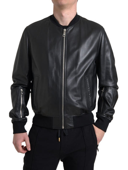 Dolce & Gabbana Black Leather Full Zip Bomber Men Jacket - The Gentlemen's Vault