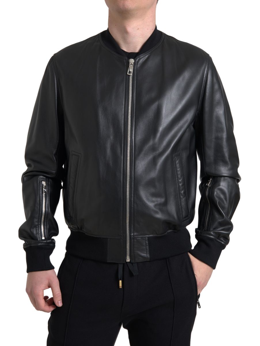 Dolce & Gabbana Black Leather Full Zip Bomber Men Jacket - The Gentlemen's Vault