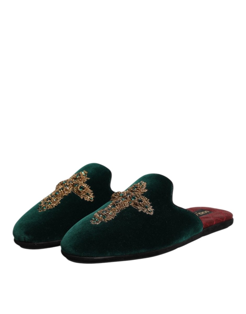 Dolce & Gabbana Green Velvet Cross Embellished Slippers Shoes - The Gentlemen's Vault