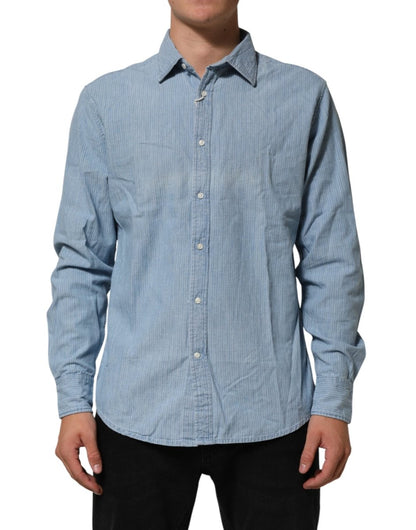 Deperlu Blue Denim Regular Fit Collared Long Sleeve Men Shirt - The Gentlemen's Vault