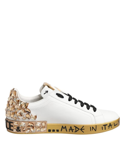 Dolce & Gabbana White Gold Crystal Portofino Sneakers Shoes - The Gentlemen's Vault