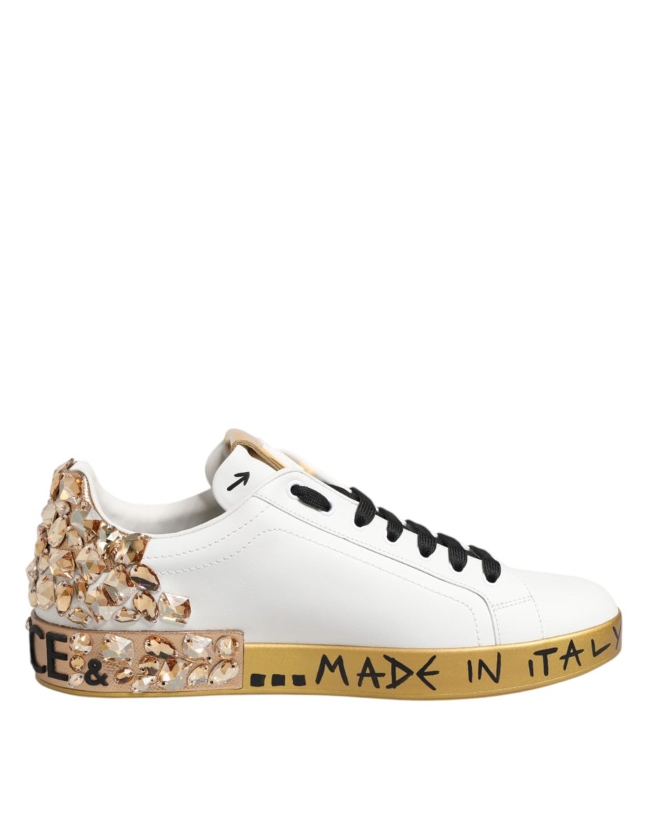 Dolce & Gabbana White Gold Crystal Portofino Sneakers Shoes - The Gentlemen's Vault