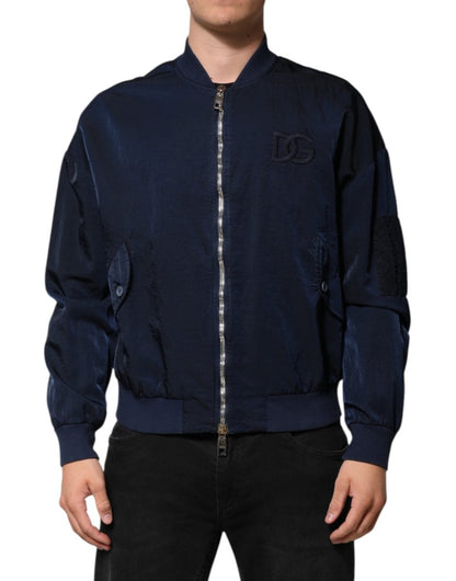 Dolce & Gabbana Blue Nylon DG Embroidery Men Bomber Jacket - The Gentlemen's Vault