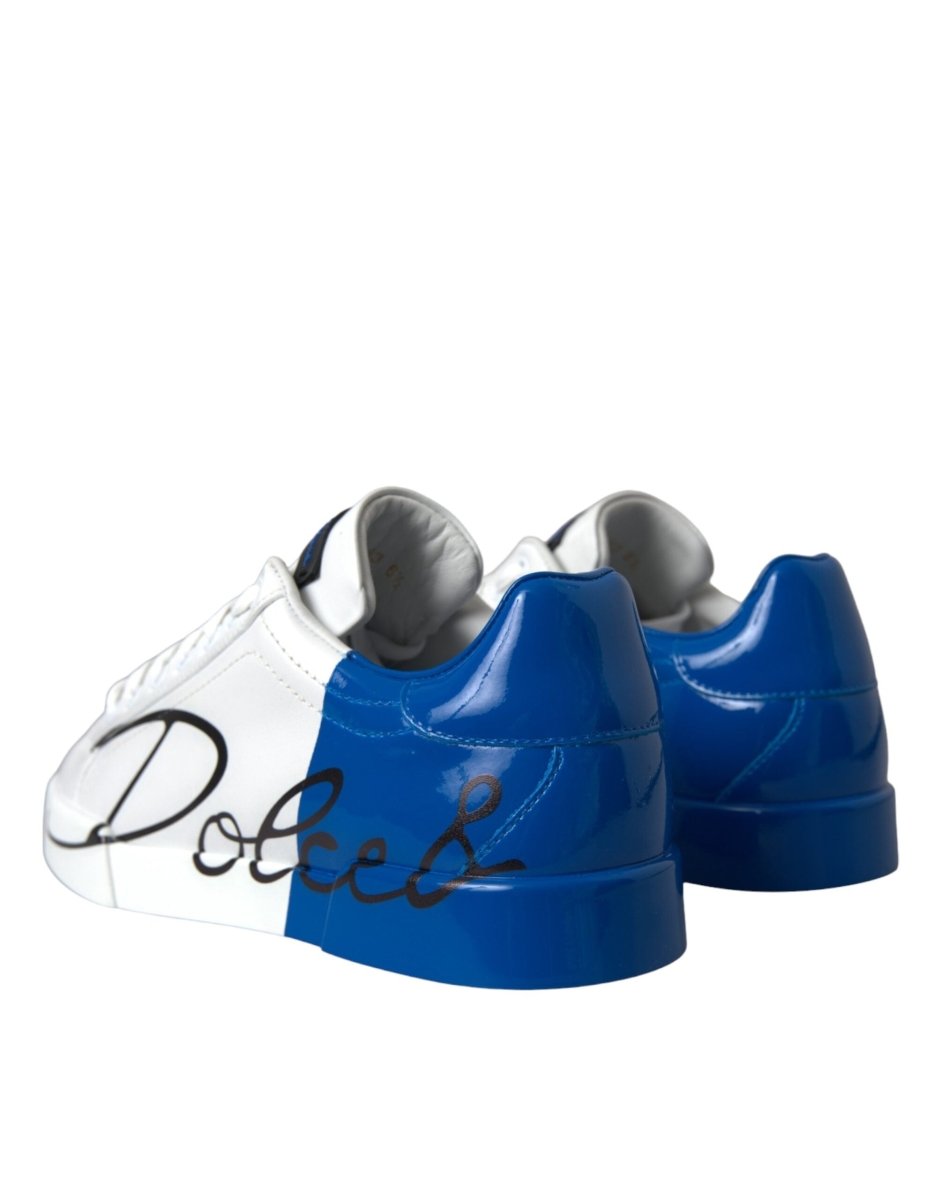 Dolce & Gabbana White Blue Leather Logo Low Top Sneakers Shoes - The Gentlemen's Vault